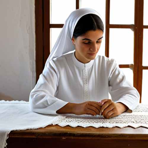 Lefkara Lace Artisan**

"A skilled artisan in the village of Lefkara, Northern Cyprus, meticulously crafting Lefkara lace. She is seated at a traditional wooden table, surrounded by spools of linen thread. Focus on the intricate details of the lace pattern. The scene is bathed in soft, natural light filtering through a window. She is fully clothed in modest, traditional Cypriot clothing. Safe for work, appropriate content, professional, family-friendly, perfect anatomy, correct proportions, natural pose, well-formed hands, proper finger count, natural body proportions."

**