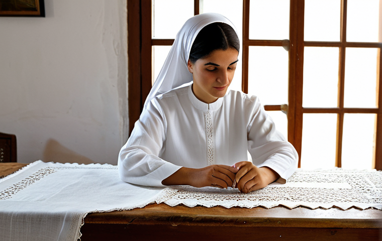 Lefkara Lace Artisan**

"A skilled artisan in the village of Lefkara, Northern Cyprus, meticulously crafting Lefkara lace. She is seated at a traditional wooden table, surrounded by spools of linen thread. Focus on the intricate details of the lace pattern. The scene is bathed in soft, natural light filtering through a window. She is fully clothed in modest, traditional Cypriot clothing. Safe for work, appropriate content, professional, family-friendly, perfect anatomy, correct proportions, natural pose, well-formed hands, proper finger count, natural body proportions."

**