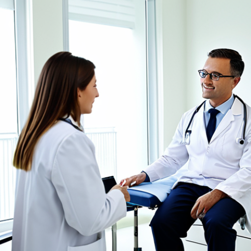 Modern Private Hospital Consultation**

A doctor in a professional white coat, fully clothed, consults with a patient in a bright, modern private hospital examination room. The patient is also fully clothed and appears relaxed. The background includes medical equipment and a friendly atmosphere. Appropriate content, safe for work, professional setting, perfect anatomy, well-lit, high-quality rendering, natural pose, modest attire.

**