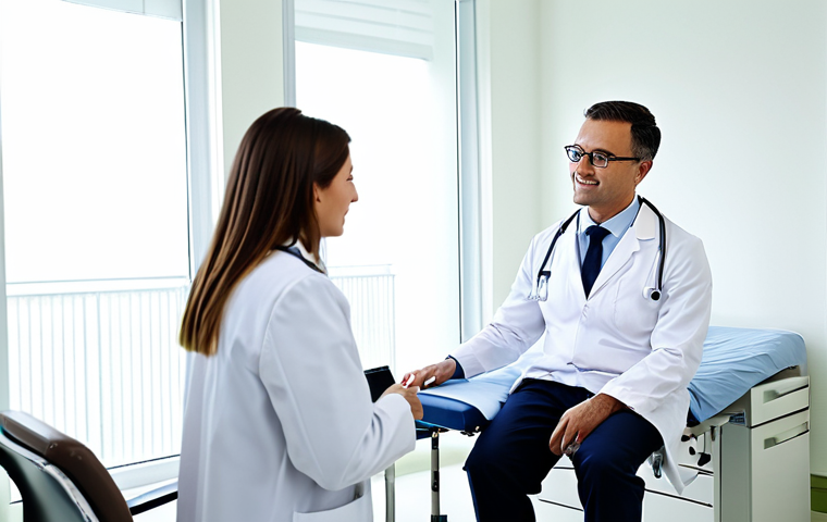 Modern Private Hospital Consultation**

A doctor in a professional white coat, fully clothed, consults with a patient in a bright, modern private hospital examination room. The patient is also fully clothed and appears relaxed. The background includes medical equipment and a friendly atmosphere. Appropriate content, safe for work, professional setting, perfect anatomy, well-lit, high-quality rendering, natural pose, modest attire.

**